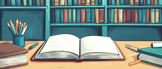 Fototapeta premium Vector cartoon illustration of an open notebook on a desk with books and stationary in a library