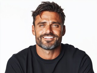 Fototapeta premium A close-up portrait of a handsome man with a friendly smile, wearing a black shirt against a plain white background.