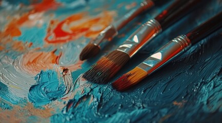 Obraz premium A set of paintbrushes and a palette on an artist's canvas, with colorful strokes of paint scattered across the surface