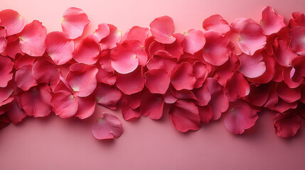 Fototapeta premium Pink rose petals scattered on a soft pink background.