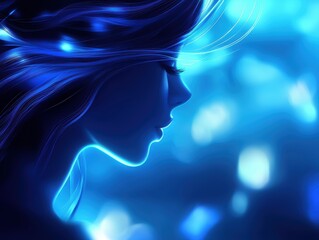 A mesmerizing silhouette of a woman with flowing hair, set against a dreamy blue backdrop filled with glowing lights.
