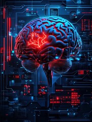 Futuristic Digital Brain Surrounded by Neon Technology Elements