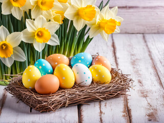 Easter Eggs in Nest with Daffodils