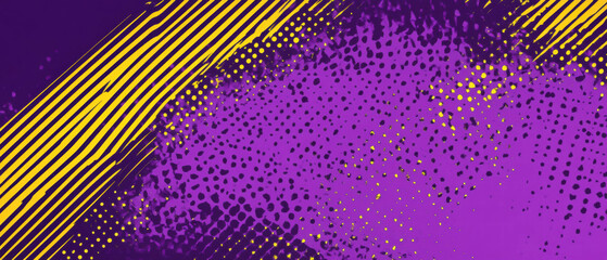 Vibrant purple and yellow diagonal halftone lines create an abstract background design