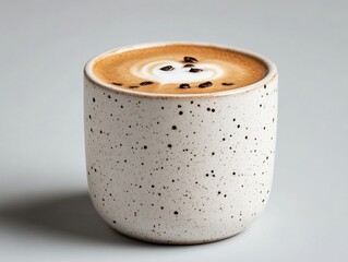 A beautifully crafted cup of latte with milk froth art in a speckled ceramic mug, set against a transparent background.