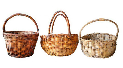 Obraz premium Three woven baskets with handles, varying in color and size. isolated on white background
