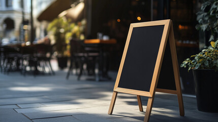 Blank restaurant sign or menu board near the restaurant entrance. Cafe menu on the street. Mockup of signboard in front of restaurant.
