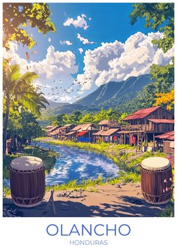 Olancho Honduras Travel Poster Flat Illustration Print Decor Gift Canvas Wall Art Gift