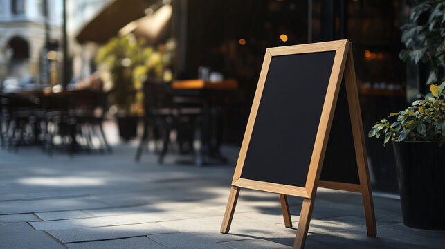 Blank restaurant sign or menu board near the restaurant entrance. Cafe menu on the street. Mockup of signboard in front of restaurant. - Powered by Adobe