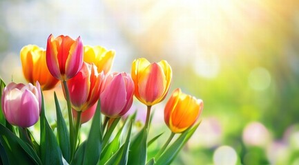 Beautiful spring background with blooming flowers, pastel colors, bokeh effect, sunlight
