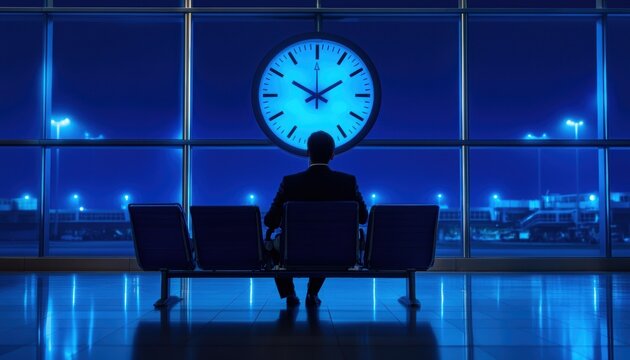 A solitary figure sits in an airport lounge under a large clock, surrounded by blue light, conveying a sense of waiting and anticipation.