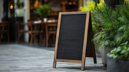 Blank restaurant sign or menu board near the restaurant entrance. Cafe menu on the street. Mockup of signboard in front of restaurant.