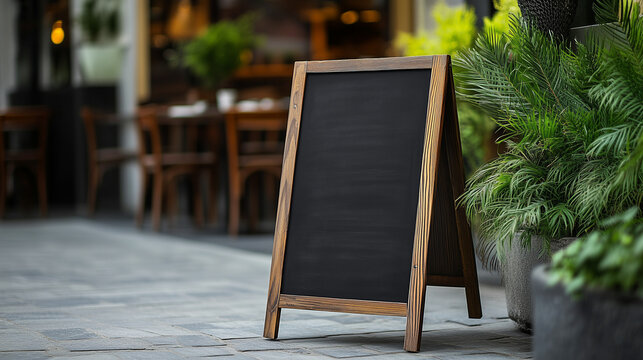 Blank restaurant sign or menu board near the restaurant entrance. Cafe menu on the street. Mockup of signboard in front of restaurant.
