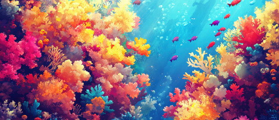 Colorful underwater coral spawning with vibrant eggs and diverse marine life