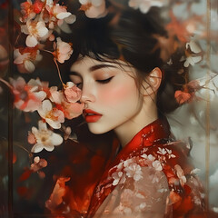 Fototapeta premium A woman is depicted in a red and white floral dress