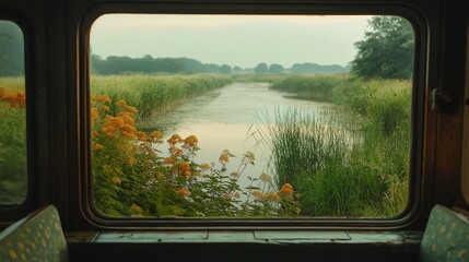 Wildflowers by tranquil stream from train window image. Lush green reeds and trees, rural waterway travel photography scene wallpaper. Peaceful journey concept photorealistic photo