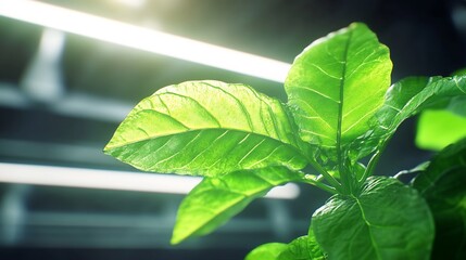 Vibrant Green Leaves Flourishing Under Indoor Grow Lights: Close-Up Photo. AI Generated