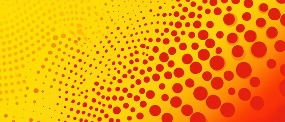 Vibrant yellow background with dynamic red halftone dots creating a bold visual effect