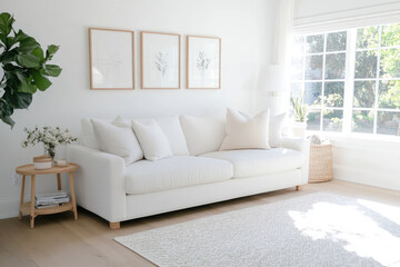 Modern minimalist white living room with sofa and botanical prints