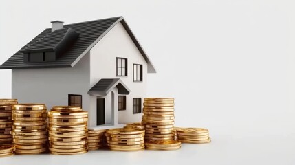 House and coin stack on white background illustrate rent cost management and home savings goals. Energy-efficient living, daily cost awareness, and AI-generated imagery for investment property dreams