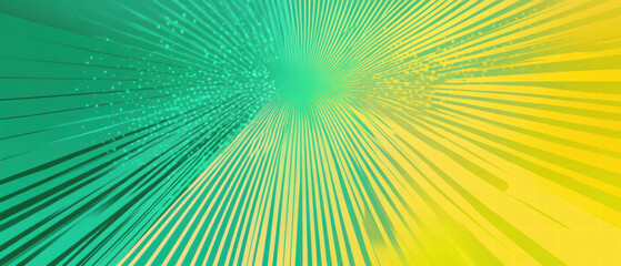 Colorful pop art banner with halftone effects and rays in green and yellow stripes