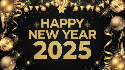 New Year 2025 invitation banner with gold text on a black background, adorned with Christmas balls, glitter, and gold streamers for a festive and elegant design.

