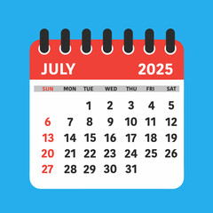 July 2025 Calendar Leaf. This flat-style calendar features a modern design showcasing the month of July 2025.