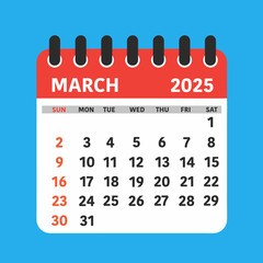 March 2025 Calendar Leaf. This flat-style calendar features a modern design showcasing the month of March 2025