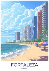 Obraz premium Fortaleza Brazil Travel Poster Flat Illustration Print Decor Gift Canvas Wall Art Gift