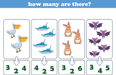 Counting game of wild animals for preschool kids. Printable. Vector Illustration