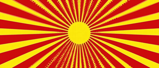Fototapeta premium Bright red and yellow pop art banner illustration with halftone effects and rays design