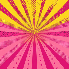 Vibrant vector pop art banner with halftone rays and harlequin pattern in pink and yellow