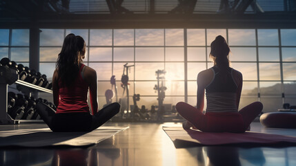 A young woman in vibrant sportswear stretching in a stylish, modern gym, surrounded by fitness accessories (dumbbells, yoga mat), sunlight streaming through large windows