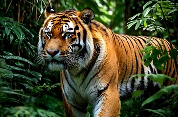 Powerful tiger, a symbol of strength and grace, surveys its territory from the depths of the green jungle.
