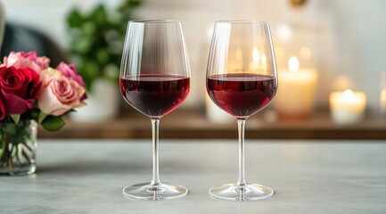 Fototapeta premium Two glasses of red wine on the table, roses and candles in the background for a Valentine's Day celebration.