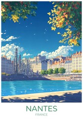 Nantes France Travel Poster Flat Illustration Print Decor Gift Canvas Wall Art Gift