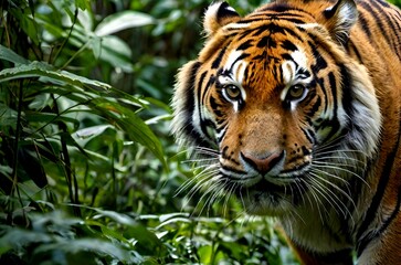 Fototapeta premium Glimpse into the wild, as a tiger, a creature of power and beauty, emerges from the green jungle.