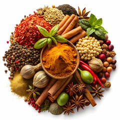 A collection of various spices is arranged in a heap, displaying a rich mix of colors and textures