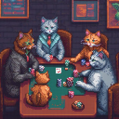 Group cats each wearing suit tie are playing poker table
