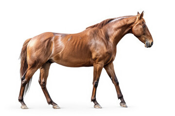 Obraz premium A brown horse walking gracefully against a white background.