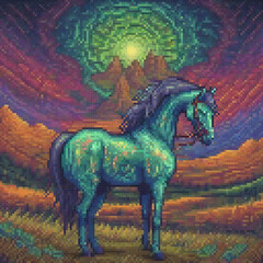 Pixel art image features green horse standing field mountains background