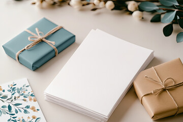 Stack of blank cards with gift boxes and eucalyptus branches creating festive atmosphere