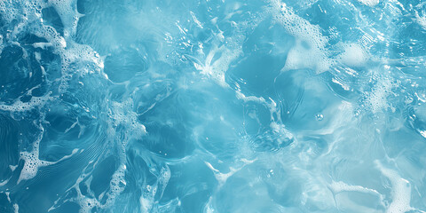 Obraz premium Blue Ripples and Transparent Water Surface with Splashes and Bubbles in Sunlight Reflection Perfect for Skincare and Cosmetic Backgrounds