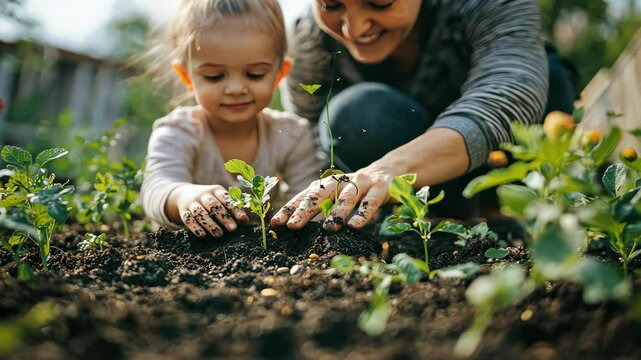mother and child are planting flowers in the flowerbed. Selective focus