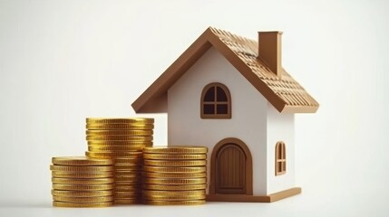 House and coin stack on white background illustrate rent cost management and home savings goals. Energy-efficient living, daily cost awareness, and AI-generated imagery for investment property dreams