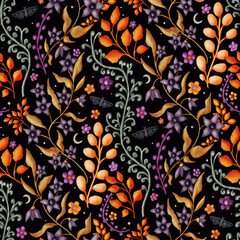 Nightgarden- floral seamless pattern diamons shape. A lot of colorful plants growing in the dark - hand drawed illustration