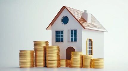 House and coin stack on white background illustrate rent cost management and home savings goals. Energy-efficient living, daily cost awareness, and AI-generated imagery for investment property dreams