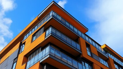 Contemporary Residential Building with Vibrant Orange Facade and Modern Design: A Stylish Multi-Story Urban Home Featuring Geometric Lines and City Living Details