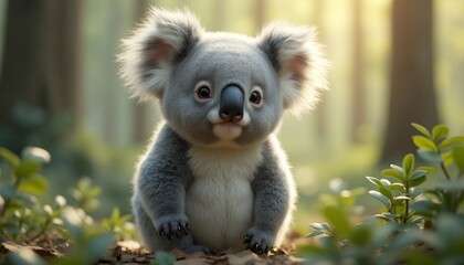 Fototapeta premium Adorable Koala Bear in Australian Bush Habitat: A 3D Rendered Image of Wildlife