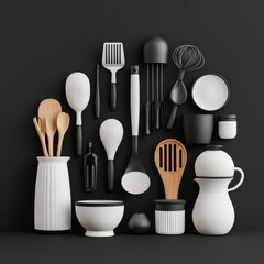 Modern Kitchen Utensils and Cookware on Dark Background